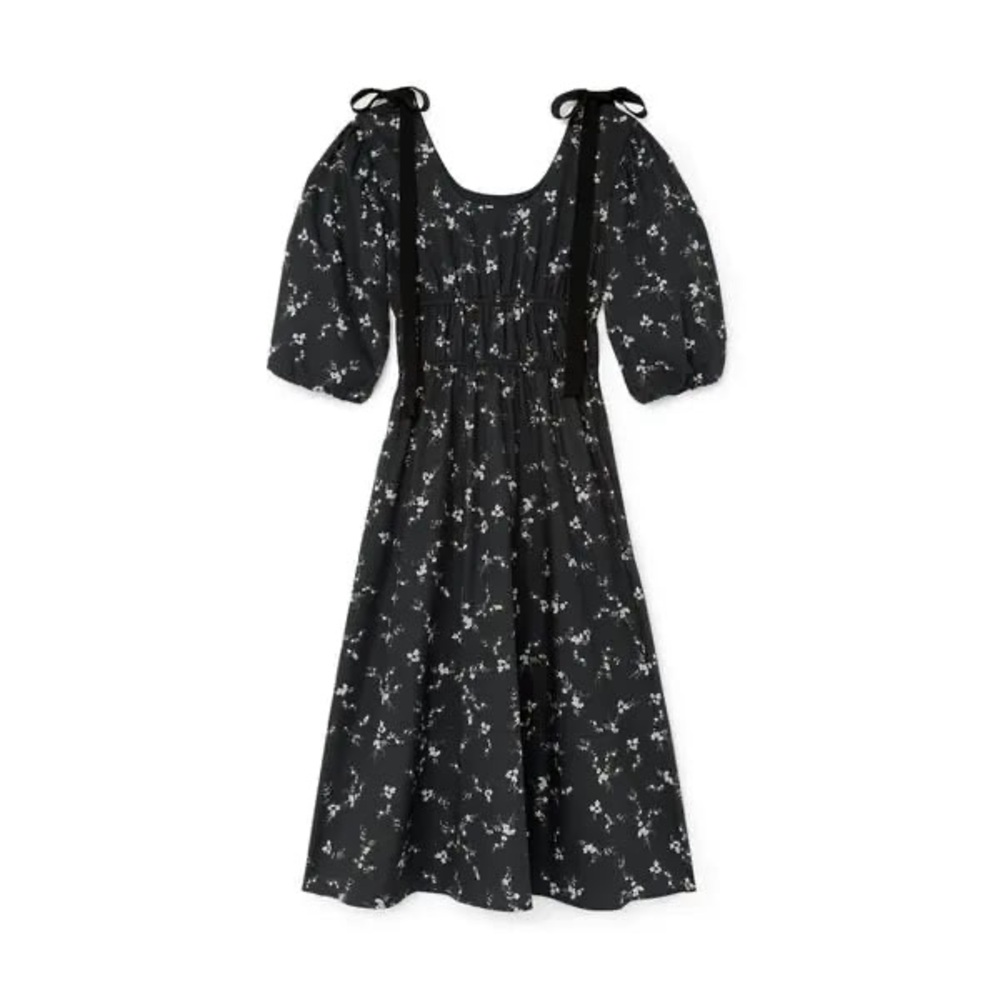 G. Label by Goop Beverly Midlength Bow Dress in Black Ditzy Floral Size 0 Cotton